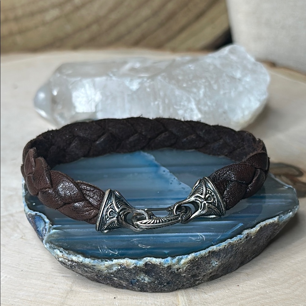 William Henry Hunter Braided Brown Leather Bracelet with Silver Ornate Clasp